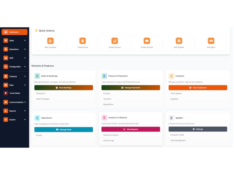 Safari Tour Management - Complete operations system for safari operators and DMCs handling quotations, bookings, hotel coordination, and financial tracking with multi-currency support.